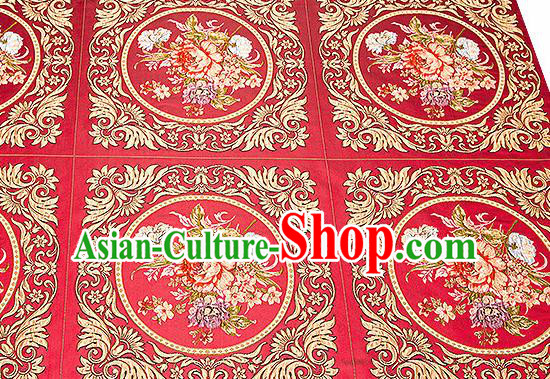 Chinese Traditional Red Brocade Fabric Asian Embroidery Peony Pattern Design Satin Cushion Silk Fabric Material