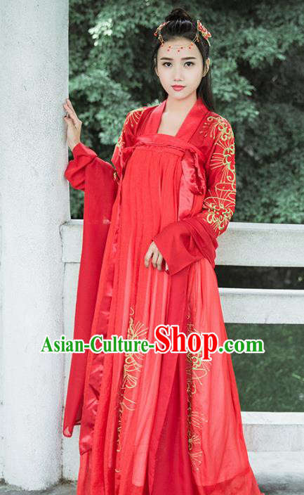 Traditional Chinese Ancient Bride Red Hanfu Dress Tang Dynasty Embroidered Wedding Historical Costumes for Women