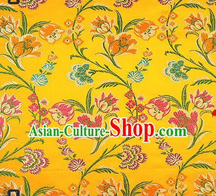 Traditional Chinese Yellow Brocade Drapery Classical Tulipa Pattern Design Satin Cheongsam Silk Fabric Material