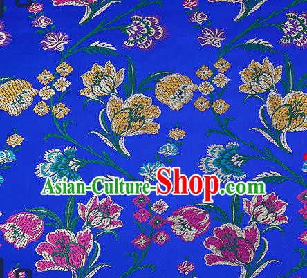 Traditional Chinese Royalblue Brocade Drapery Classical Tulipa Pattern Design Satin Cheongsam Silk Fabric Material