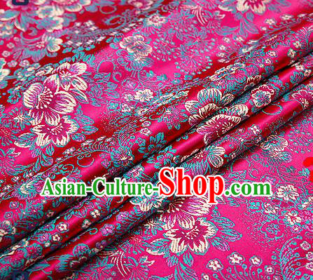 Chinese Traditional Rosy Brocade Drapery Classical Peony Pattern Design Satin Tang Suit Qipao Silk Fabric Material