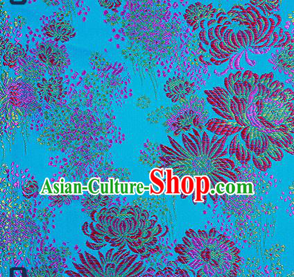 Traditional Chinese Blue Brocade Drapery Classical Fireworks Pattern Design Satin Table Flag Silk Fabric Material