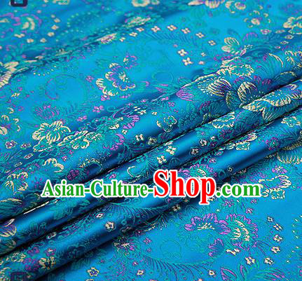 Chinese Traditional Lake Blue Brocade Drapery Classical Peony Pattern Design Satin Tang Suit Qipao Silk Fabric Material