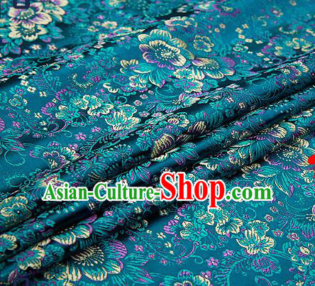 Chinese Traditional Peacock Blue Brocade Drapery Classical Peony Pattern Design Satin Tang Suit Qipao Silk Fabric Material