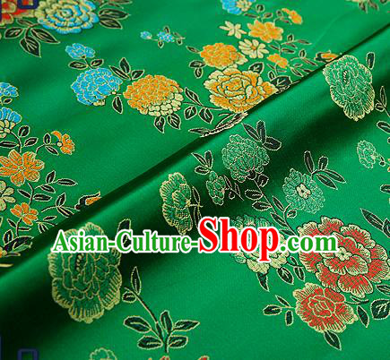 Traditional Chinese Brocade Drapery Classical Peony Pattern Design Green Satin Qipao Silk Fabric Material