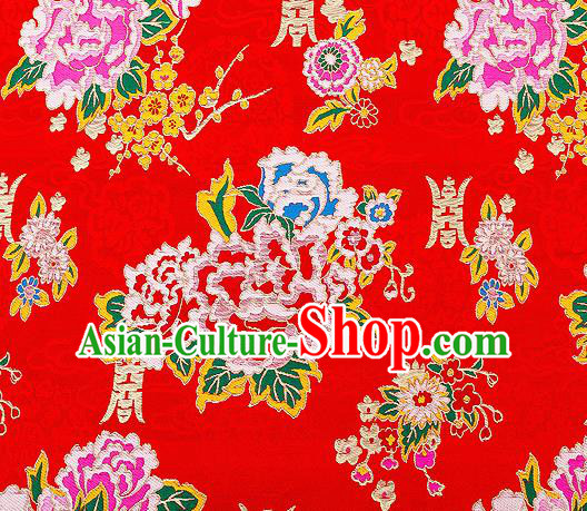 Asian Chinese Traditional Fabric Tang Suit Red Brocade Silk Material Classical Peony Pattern Design Satin Drapery