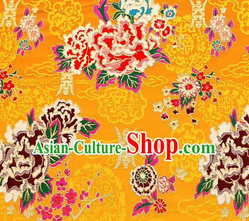 Asian Chinese Traditional Fabric Tang Suit Yellow Brocade Silk Material Classical Peony Pattern Design Satin Drapery
