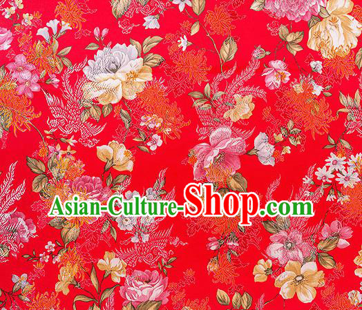 Traditional Chinese Classical Red Satin Brocade Drapery Chrysanthemum Peony Pattern Design Qipao Dress Silk Fabric Material