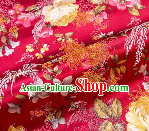 Traditional Chinese Classical Wine Red Satin Brocade Drapery Chrysanthemum Peony Pattern Design Qipao Dress Silk Fabric Material