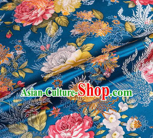 Traditional Chinese Classical Blue Satin Brocade Drapery Chrysanthemum Peony Pattern Design Qipao Dress Silk Fabric Material