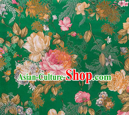 Traditional Chinese Classical Deep Green Satin Brocade Drapery Chrysanthemum Peony Pattern Design Qipao Dress Silk Fabric Material