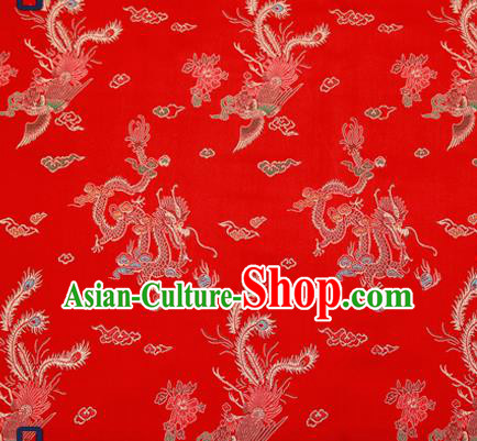 Traditional Chinese Classical Red Satin Brocade Drapery Dragon Phoenix Pattern Design Qipao Dress Silk Fabric Material