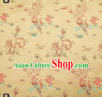 Traditional Chinese Classical Light Golden Satin Brocade Drapery Dragon Phoenix Pattern Design Qipao Dress Silk Fabric Material