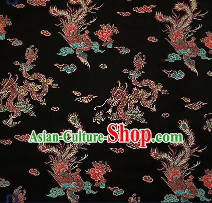 Traditional Chinese Classical Black Satin Brocade Drapery Dragon Phoenix Pattern Design Qipao Dress Silk Fabric Material