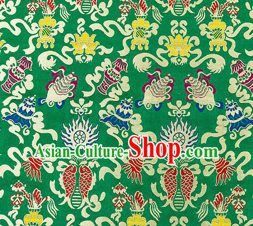 Traditional Chinese Green Nanjing Brocade Drapery Classical Fishes Pattern Design Satin Qipao Dress Silk Fabric Material