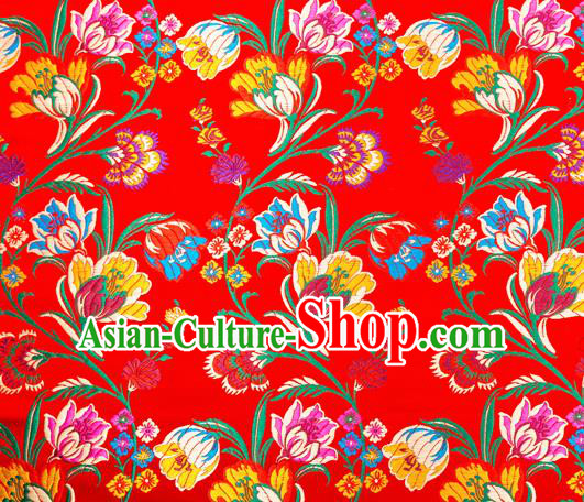 Asian Chinese Traditional Fabric Red Brocade Silk Material Classical Tulipa Pattern Design Satin Drapery