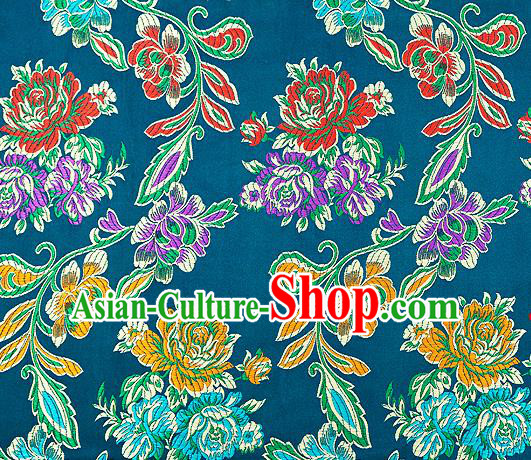 Traditional Chinese Tang Suit Silk Fabric Lake Blue Brocade Material Classical Peony Pattern Design Satin Drapery