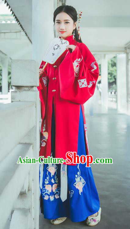 Chinese Ancient Ming Dynasty Princess Costumes Embroidered Red Hanfu Dress for Rich Women