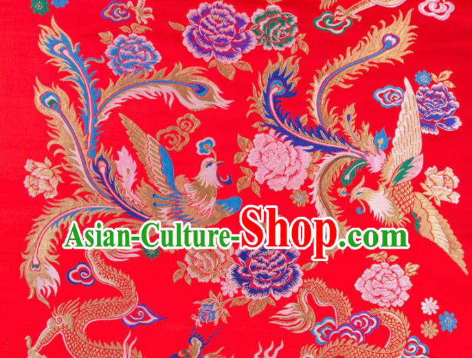 Asian Chinese Traditional Red Satin Fabric Tang Suit Brocade Silk Material Classical Phoenix Peony Pattern Design Drapery