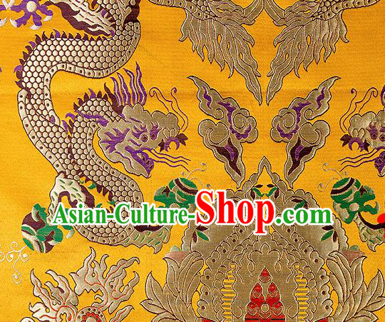 Asian Chinese Traditional Yellow Satin Fabric Tang Suit Nanjing Brocade Silk Material Classical Double Dragons Pattern Design Drapery