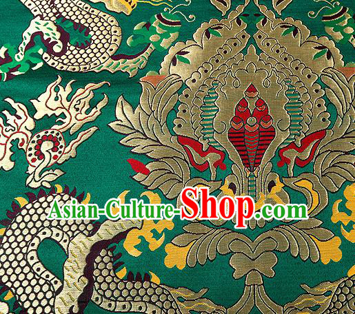 Asian Chinese Traditional Green Satin Fabric Tang Suit Nanjing Brocade Silk Material Classical Double Dragons Pattern Design Drapery