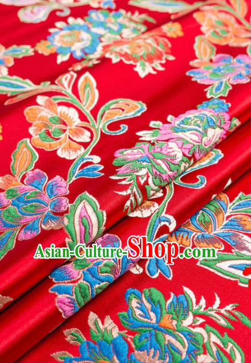 Asian Chinese Traditional Satin Fabric Tang Suit Red Nanjing Brocade Silk Material Classical Peony Pattern Design Drapery