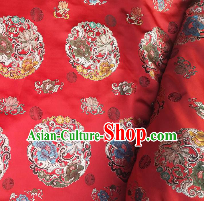 Asian Chinese Traditional Fabric Tang Suit Red Brocade Silk Material Classical Lotus Pattern Design Satin Drapery