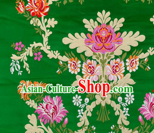 Asian Chinese Traditional Satin Fabric Tang Suit Green Brocade Silk Material Classical Peony Pattern Design Drapery