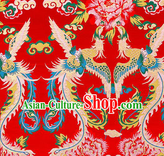 Asian Chinese Traditional Red Satin Fabric Tang Suit Brocade Silk Material Classical Phoenix Peony Pattern Design Drapery