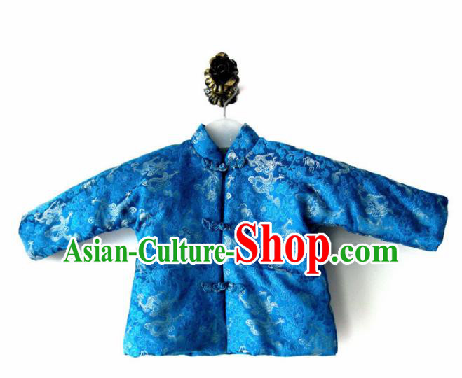 Chinese Classical Blue Brocade Blouse Traditional Baby Embroidered Cotton-Padded Jacket for Kids