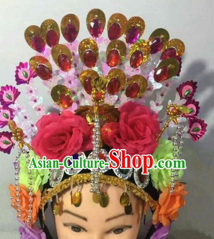 Chinese Traditional Folk Dance Red Peony Hair Accessories Ancient Peking Opera Diva Headwear for Women