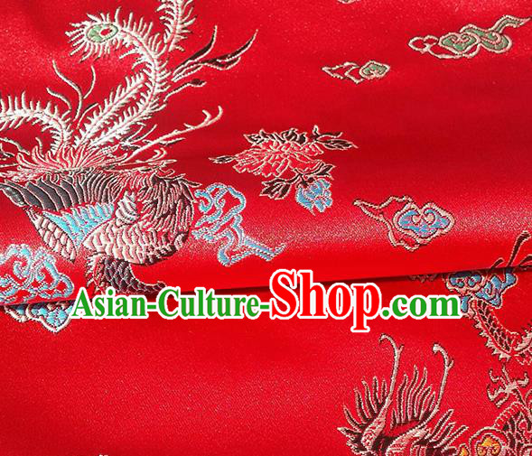 Asian Chinese Traditional Fabric Red Brocade Silk Material Classical Dragon Phoenix Pattern Design Satin Drapery