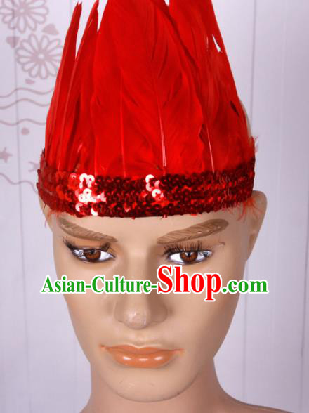 Halloween Catwalks Red Feather Hair Accessories Cosplay Primitive Tribe Feather Hat for Adults