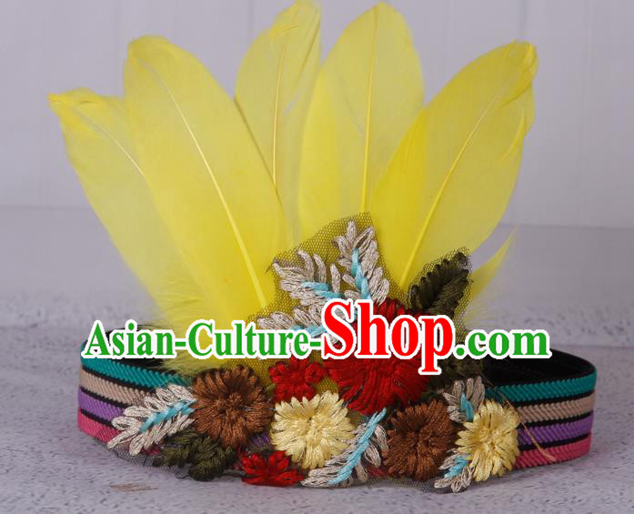 Halloween Catwalks Apache Knight Yellow Feather Hair Accessories Cosplay Primitive Tribe Feather Hat for Adults