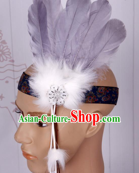 Halloween Catwalks Apache Chief Grey Feather Hair Accessories Cosplay Primitive Tribe Feather Hat for Adults