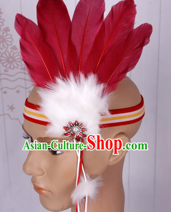 Halloween Catwalks Apache Chief Wine Red Feather Hair Accessories Cosplay Primitive Tribe Feather Hat for Adults