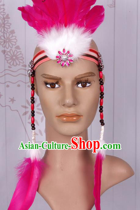 Halloween Catwalks Apache Chief Rosy Feather Hair Accessories Cosplay Primitive Tribe Feather Hat for Adults