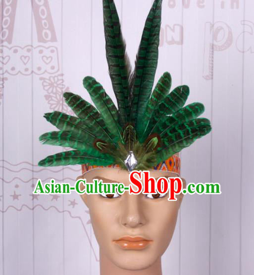 Halloween Catwalks Apache Chief Green Feather Hair Clasp Cosplay Primitive Tribe Feather Hat for Adults