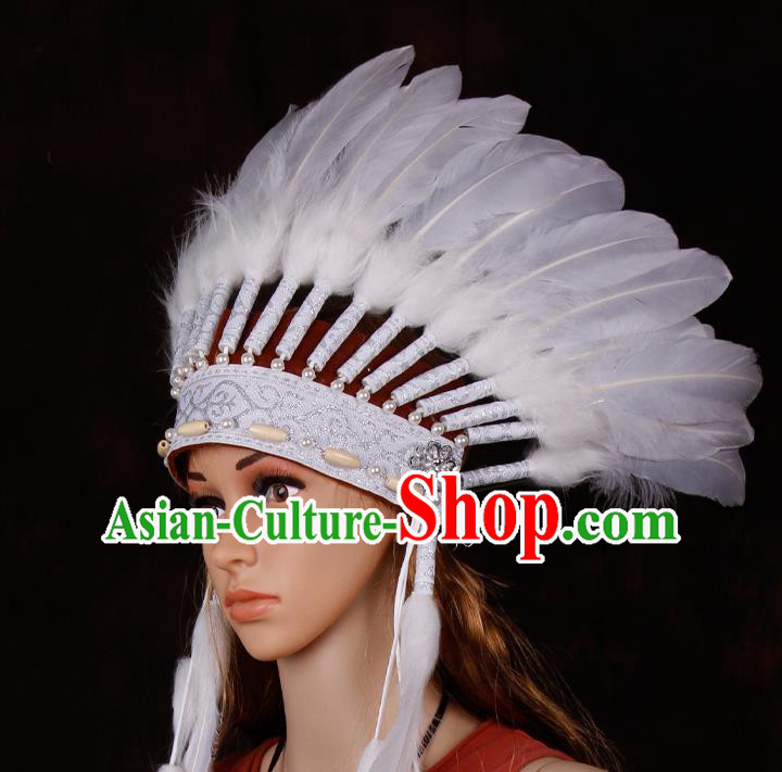 Halloween Catwalks Apache Chief White Feather Headdress Cosplay Thanksgiving Day Primitive Tribe Feather Hat for Adults