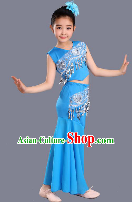 Chinese Traditional Ethnic Costumes Dai Nationality Folk Dance Pavane Blue Dress for Kids