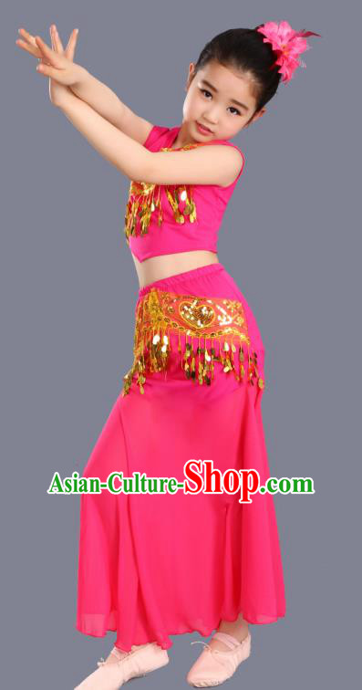 Chinese Traditional Ethnic Costumes Dai Nationality Folk Dance Pavane Rosy Dress for Kids