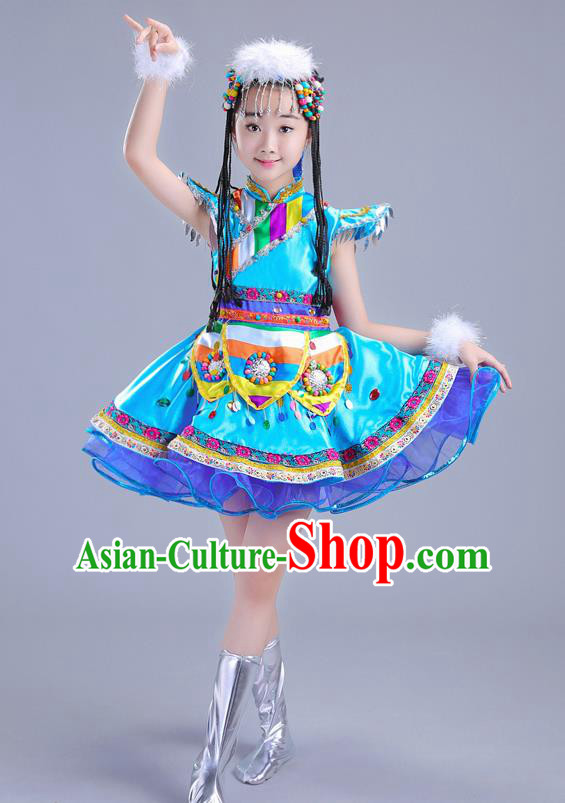 Chinese Traditional Ethnic Costumes Mongolian Nationality Folk Dance Blue Dress for Kids