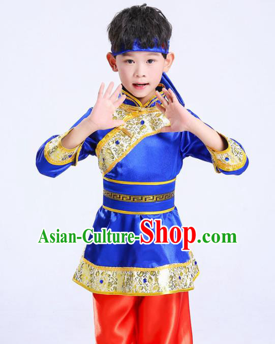 Chinese Traditional Ethnic Costumes Mongolian Nationality Folk Dance Blue Clothing for Kids