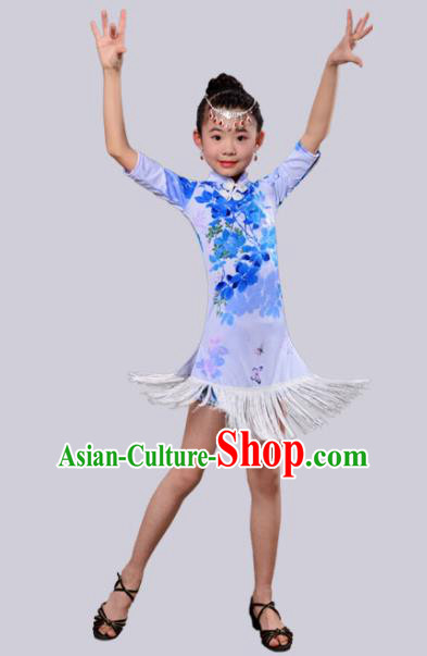 Chinese Traditional Classical Dance Costumes Latin Dance Blue Qipao Dress for Kids