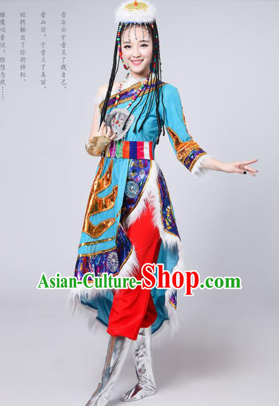 Chinese Traditional Tibetan Ethnic Costumes Zang Nationality Folk Dance Blue Dress for Women