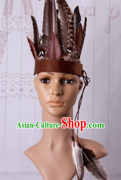 Halloween Savage Catwalks Deluxe Feather Headdress Cosplay Apache Knight Feather Hair Clasp for Adults