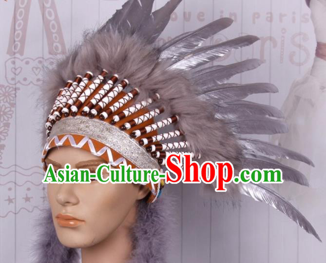 Halloween Savage Catwalks Deluxe Grey Feather Headdress Cosplay Apache Knight Feather Hair Clasp for Adults