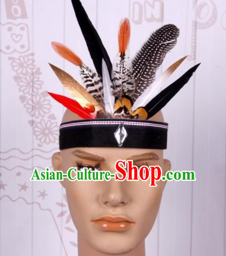 Halloween Savage Catwalks Colorful Feather Headdress Cosplay Apache Knight Feather Hair Clasp for Adults