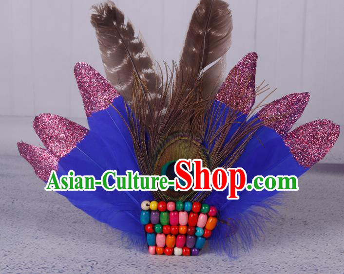 Halloween Catwalks Royalblue Feather Hair Accessories Cosplay Primitive Tribe Feather Hair Clasp for Kids