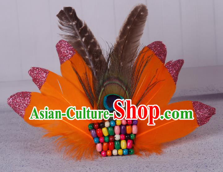 Halloween Catwalks Orange Feather Hair Accessories Cosplay Primitive Tribe Feather Hair Clasp for Kids